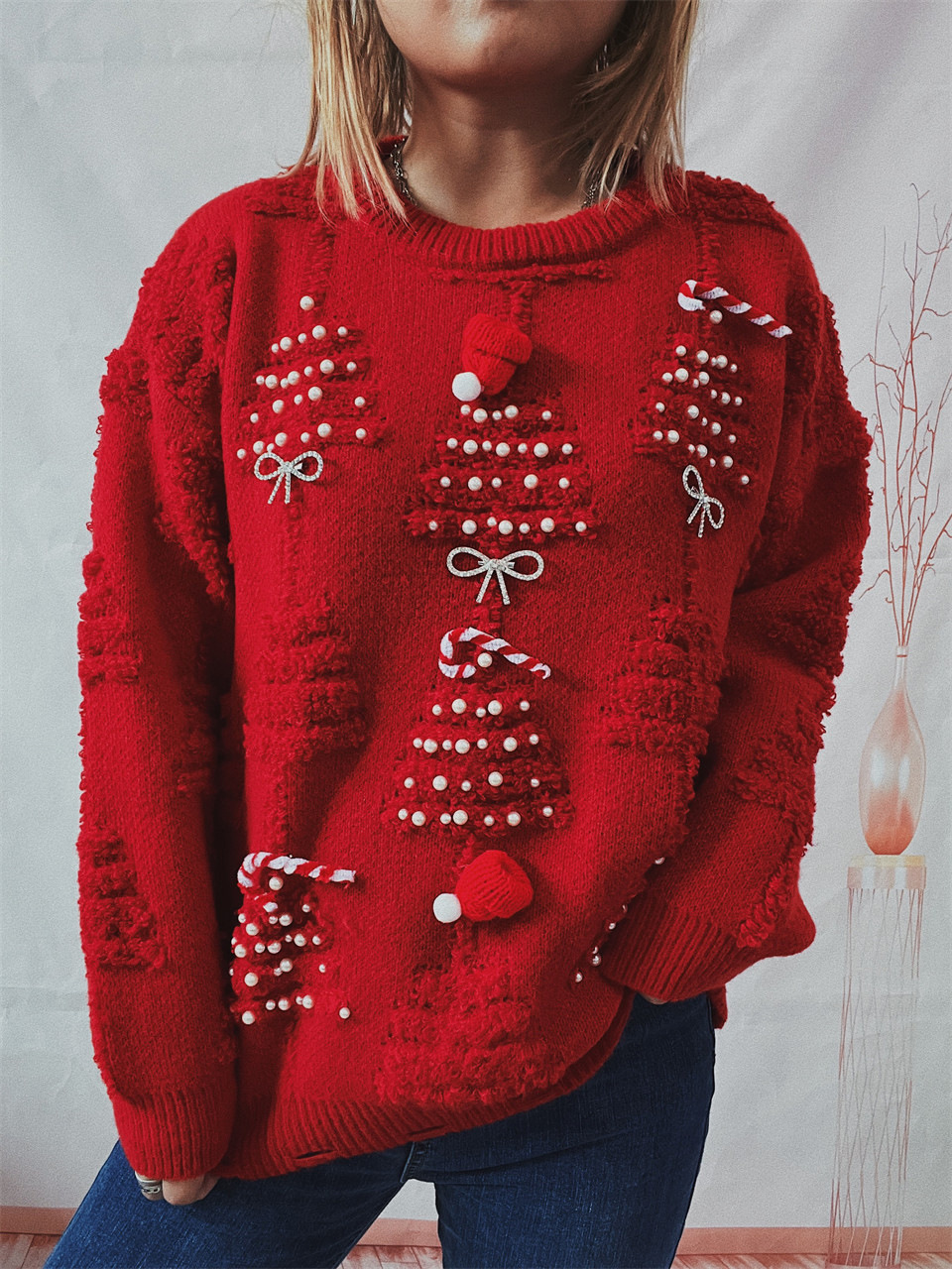 Picture of European and American cross-border Amazon Handmade Pearl Christmas theme sweater three-dimensional decoration New Year holiday sweater pullover