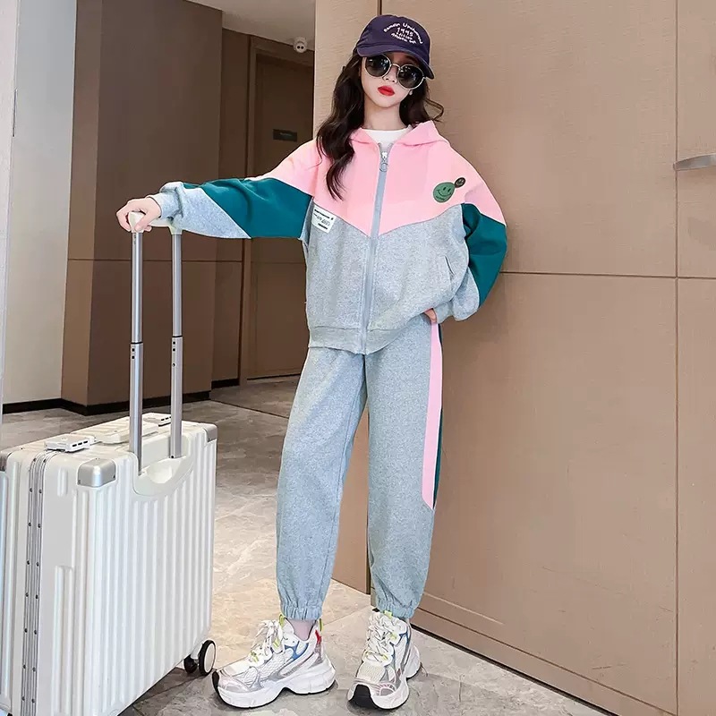 Girls' autumn clothing suit new western style Korean style spring and autumn big children's casual hooded jacket sports two-piece children's clothing