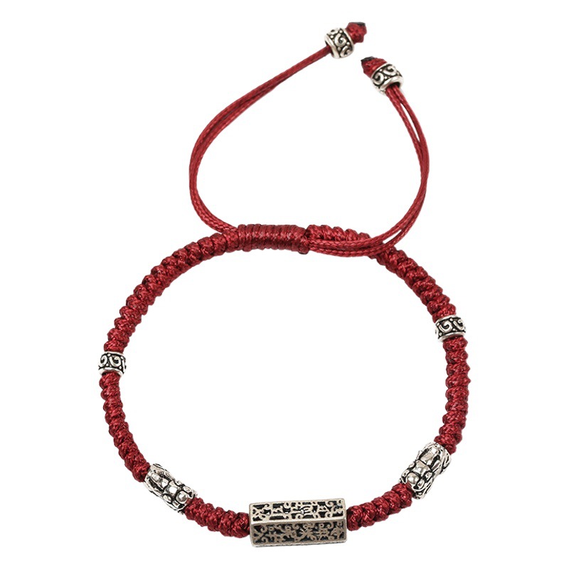 Dragon knot six words 925 silver black red rope vintage bracelet men's hand rope hand woven brave silver S218