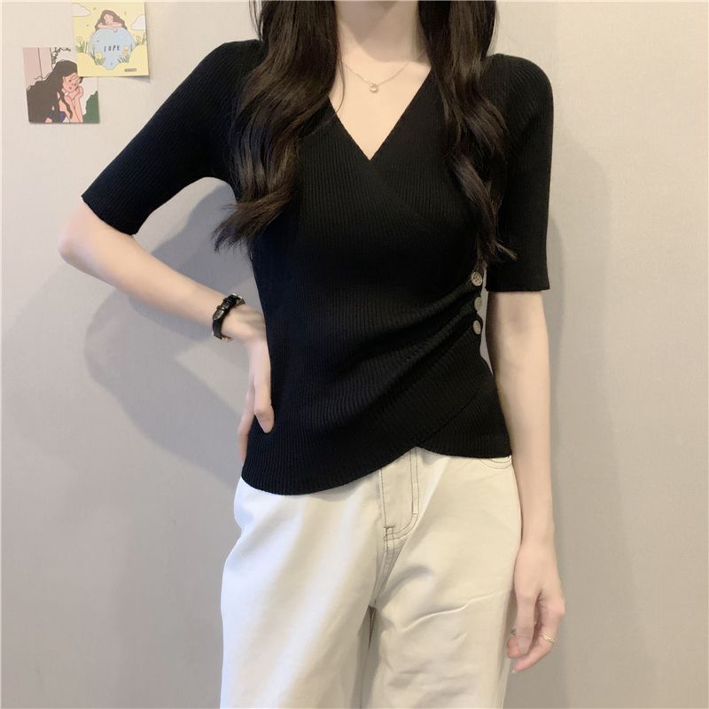 Summer French Niche Design V-Neck Slim-Fit Top Ice Silk Short-Sleeve Base Knit T-Shirt for Women Spring and Autumn Thin Trendy
