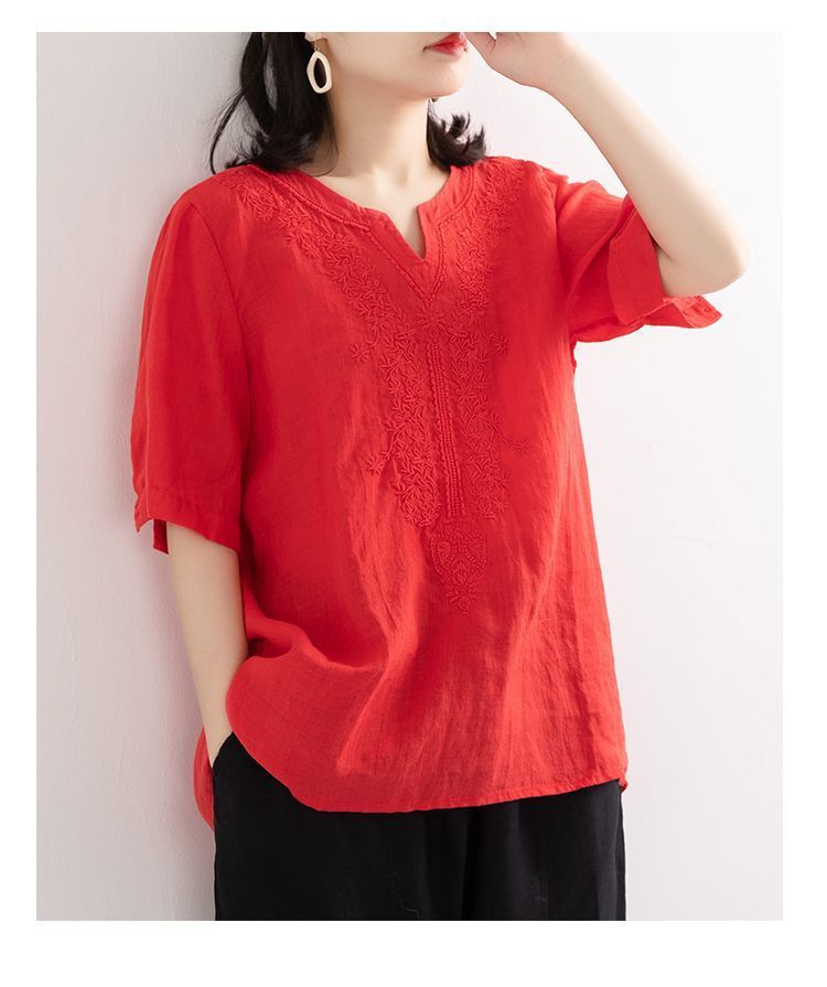 Picture of Pure Cotton V-Neck Summer New Cotton and Linen Shirt Women's Literary Loose Pullover Embroidered Short-Sleeved T-Shirt Women's Embroidered Top Trendy