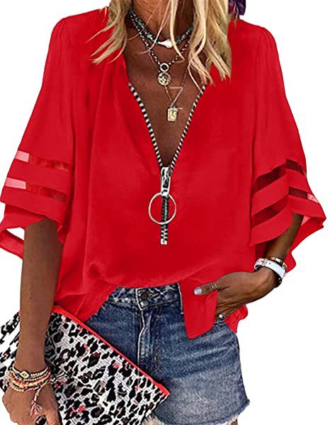 Picture of 2025 European and American Amazon New V-neck Zipper Shirt Half Horn Sleeve Mesh Stitching Loose Casual Shirt Women