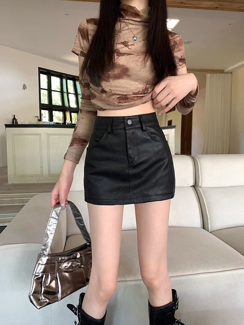 Maillard pu leather skirt women's spring 2024 new high waist brown skirt A- line hip skirt