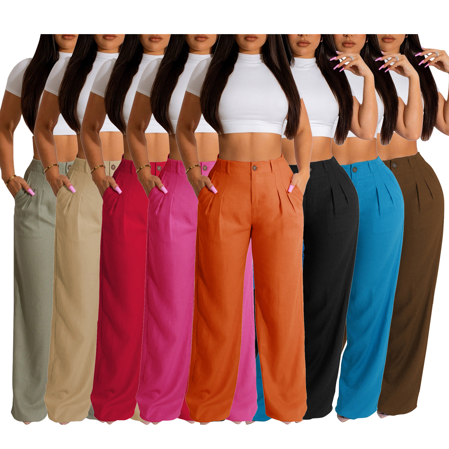 AL241 Amazon independent station European and American women's linen cotton casual pants breathable straight pants cotton and linen trousers summer
