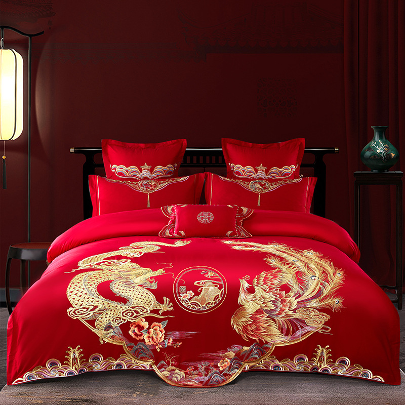 Picture of Wedding Four-Piece Set Embroidered Wedding Pure Cotton Bright Red Wedding Room Embroidered Bedding Quilt Bedding