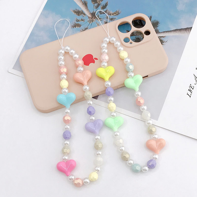 New Korean Style Ins Creative Love Pearl Beaded Mobile Phone Lanyard Acrylic Mobile Phone Chain Jewelry Pendant