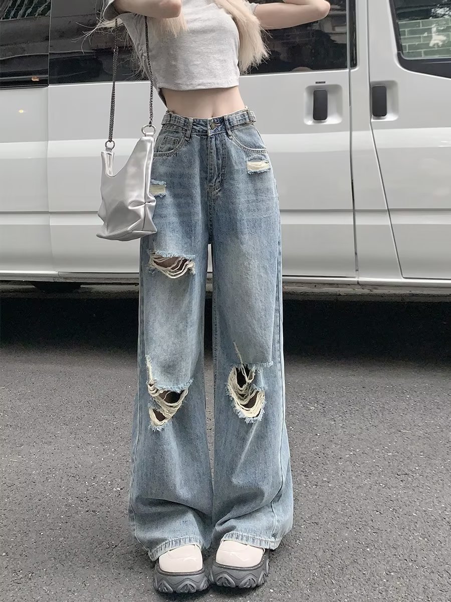 American retro straight jeans women's small summer ripped high waist slimming loose wide leg mop pants fashion
