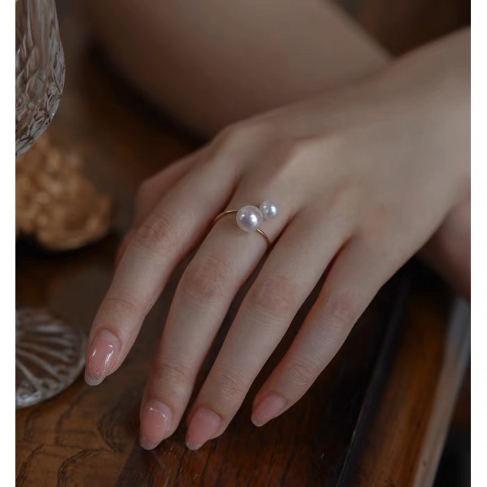 Jue Zi Strong Light Baroque Natural Pearl Small Bulb Opening Ring 925 Silver Plated 18k Gold Double Finger Ring for Women