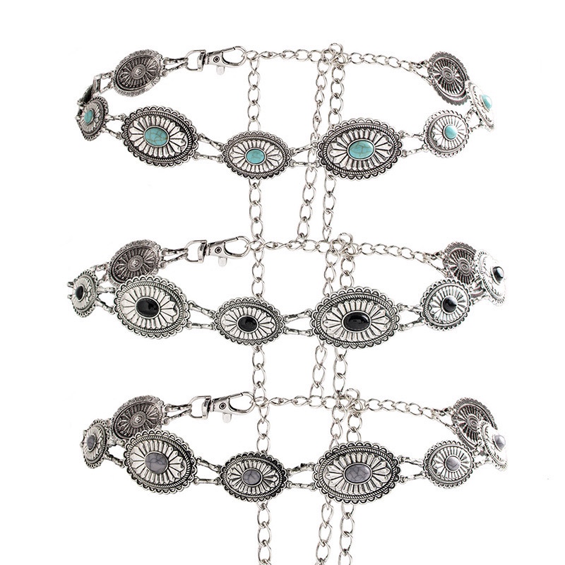 New Vintage Turquoise Bohemian Metal Cowgirl Western Style Fashion Waist Chain Cross Border Hot Belt