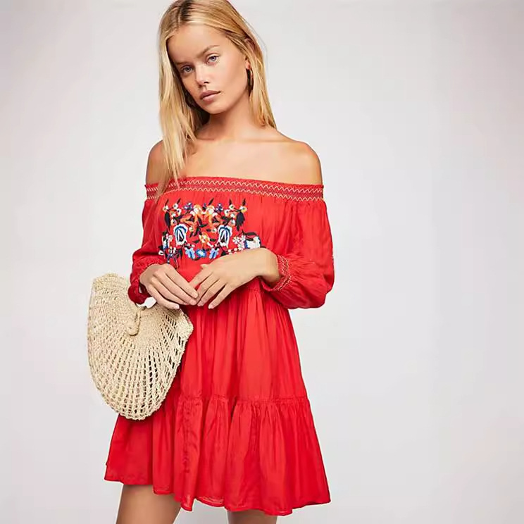 Lzda Amazon Aliexpress European and American New Style Bohemian Flower Embroider One-Shoulder Shirt Dress