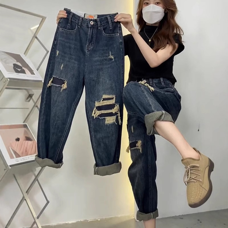 plus size Chubby Sister Retro Ripped Straight Jeans Women's Autumn and Winter Loose Slimming High Waist Harlan Dad Wide Leg Pants
