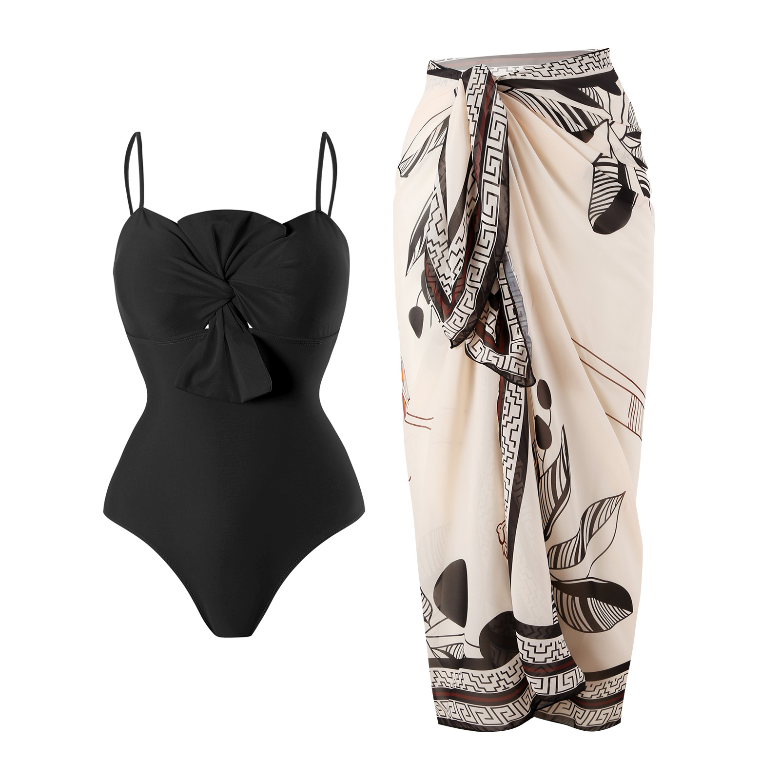 Europe and the United States cross-border foreign trade swimsuit women's 2025 new tight sexy one-piece solid color chiffon wrap skirt two-piece swimsuit