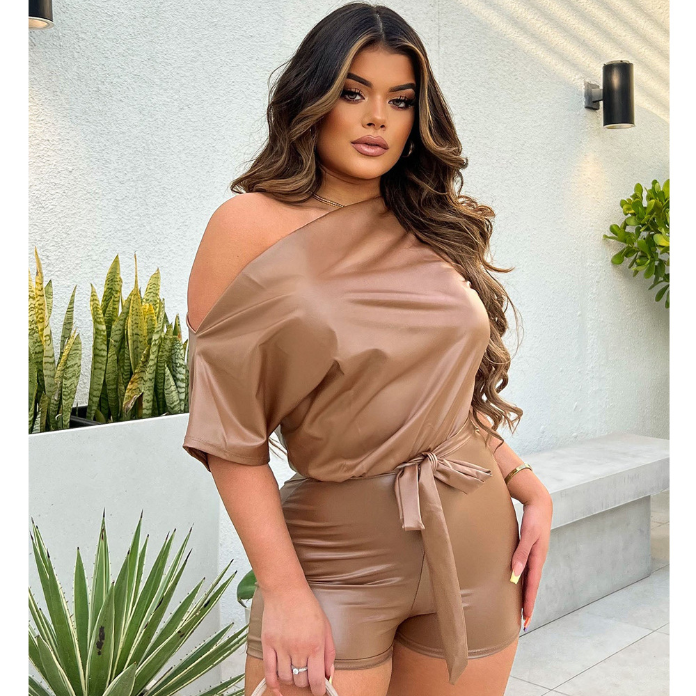 Picture of In Stock! 2022 Amazon Women's Clothing European and American Summer New Fashion Pu Slanted Shoulder Jumpsuit with Belt