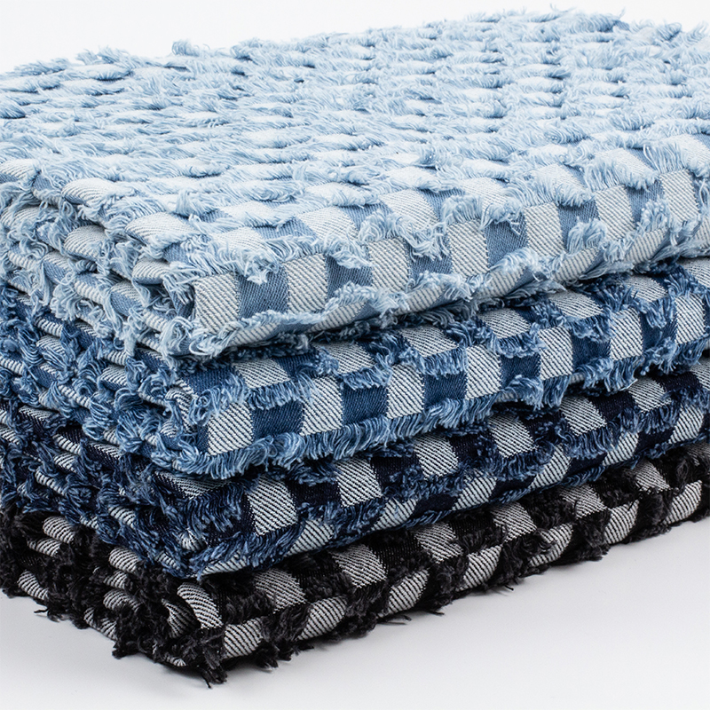 Checkerboard Tassel Jacquard Denim Fabric Washed Handmade DIY Bag Texture Jacket Clothes Designer Fabric