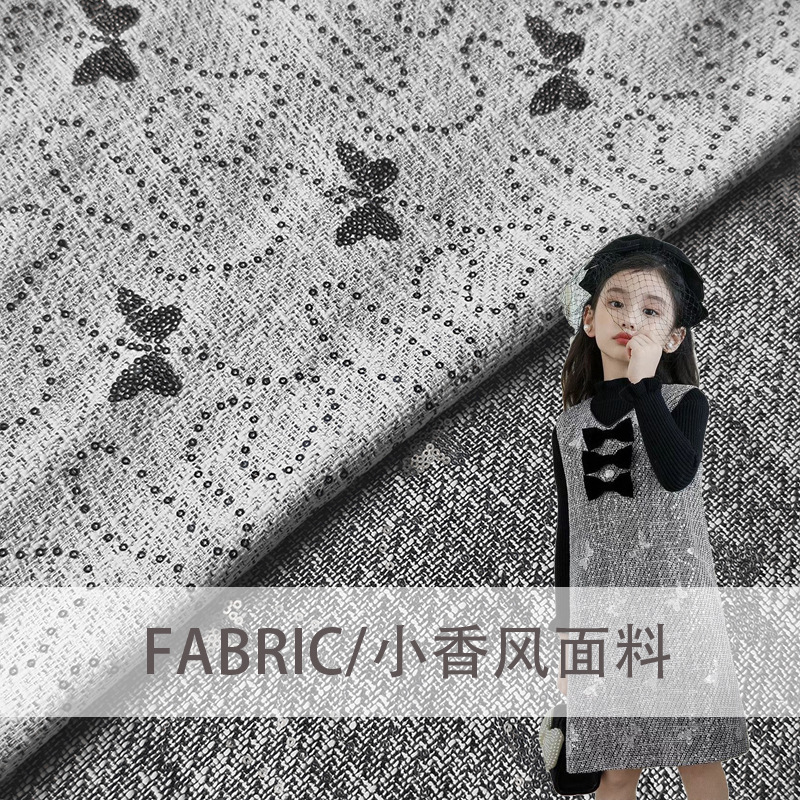 Tweed Chanel-Style Butterfly Sequin Embroidered Plaid Fabric for Girls' Dresses, Bags, and Shoes