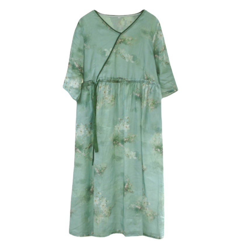 22023 Summer New V-neck Cotton Linen Women's Wear Slimming Dress Loose Thin Retro Short-sleeved Dress for Women