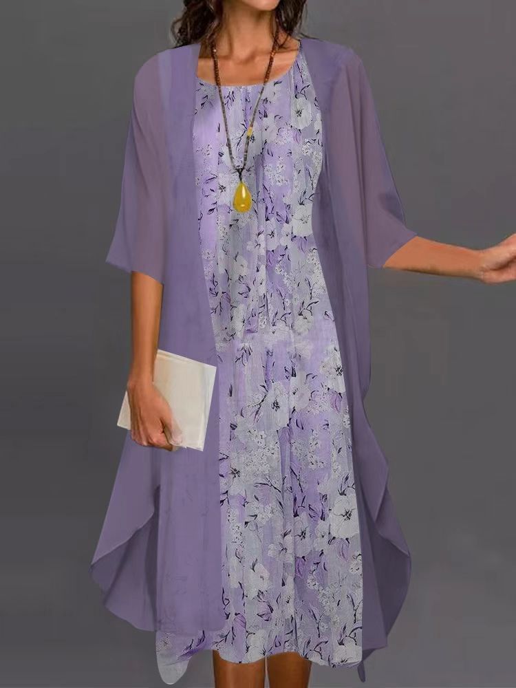 Amazon New Cross-border Explosions Seven-point Sleeve Printed Cardigan Long Dress Chiffon Loosening Waist Elegant Commuter Women's Clothing