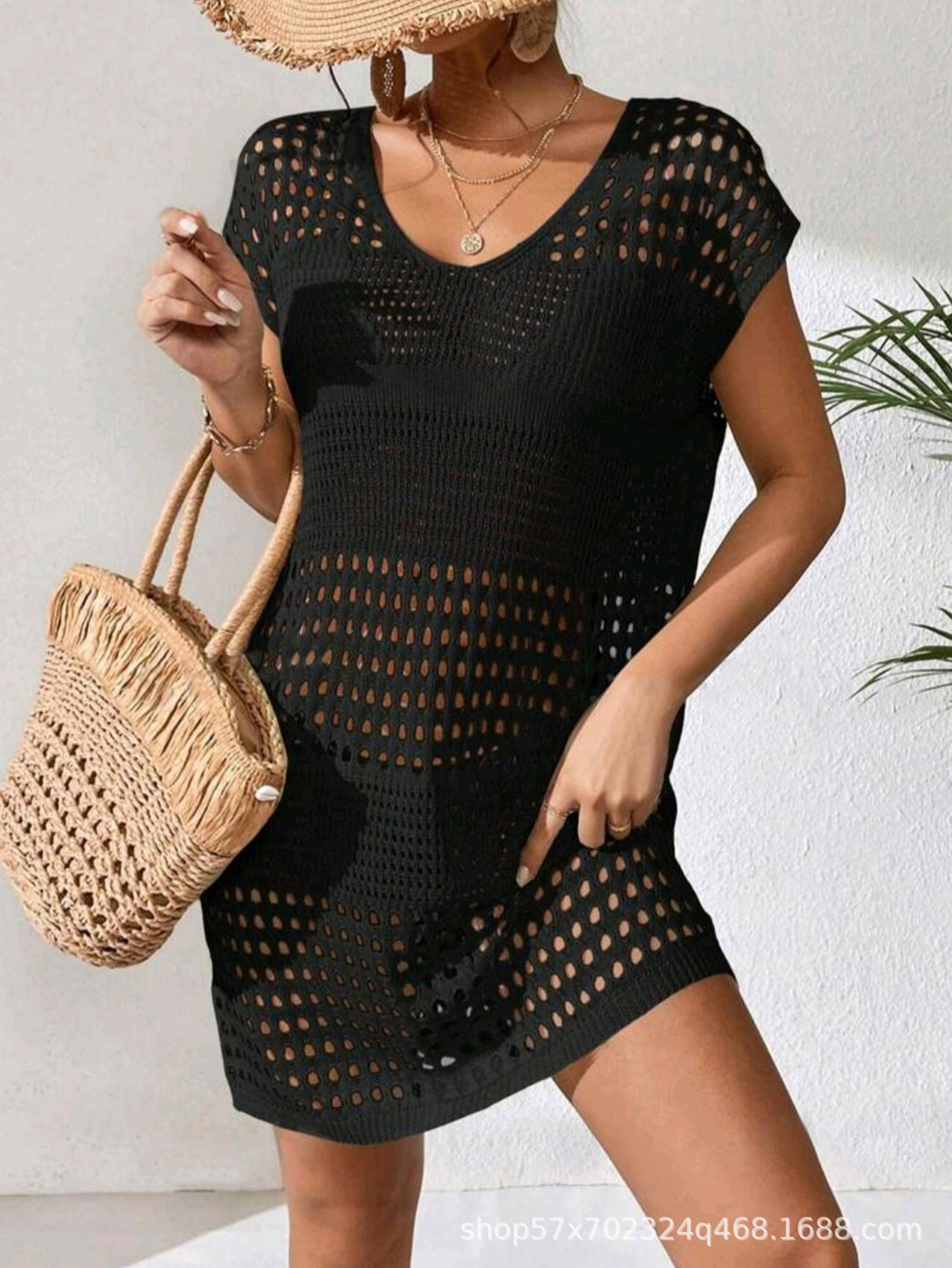 Cross-Border European and American New Beach Skirt Beach Cover-Up Cross-Border European and American Style Hollow Crochet Knitted Dress Casual Style