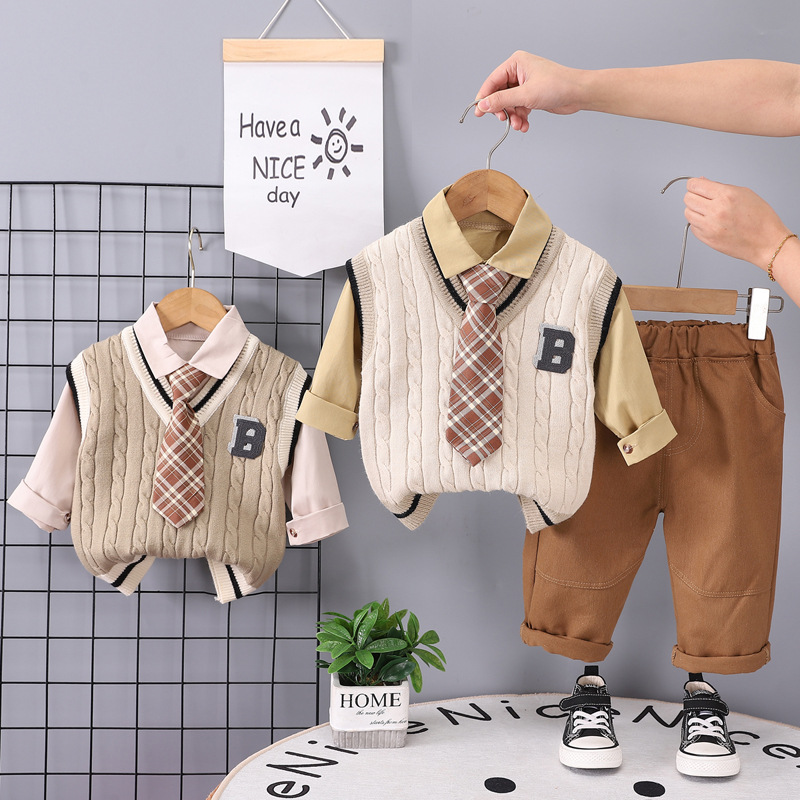 Boys' Long-sleeved Three-piece Set Korean-style Spring Fashion Baby Street Spring Wear Plaid Tie Vest Long-sleeved Set Trendy