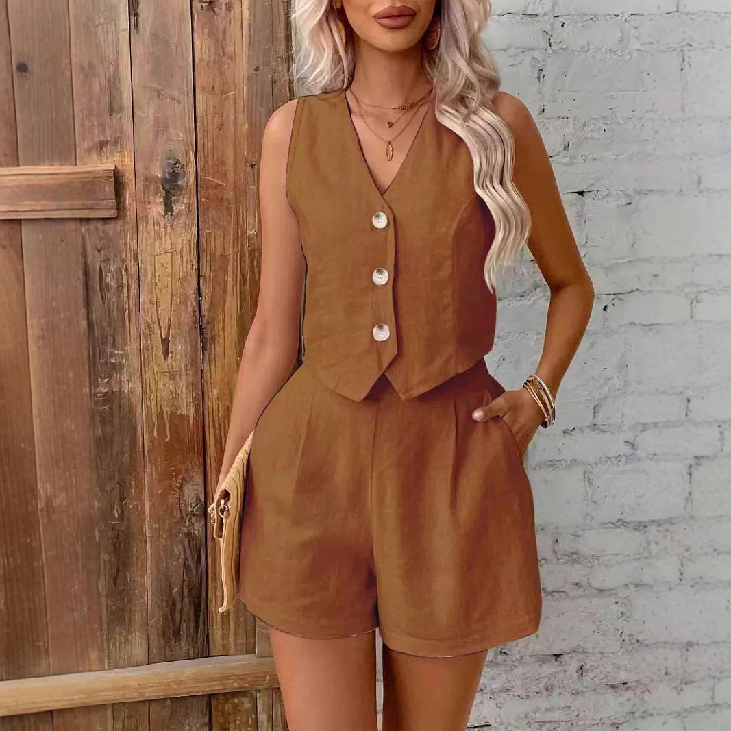 European and American Spring New plus size Women's Solid Color Vest Two-piece Casual Wear khaki wine red dark blue Linen