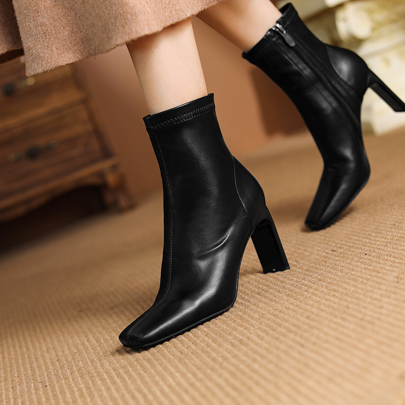 Picture of 2178-8 High-heeled Women's Short Boots Square Head Thick Heel Side Zipper Low 2024 Fall/Winter New Fashion Joker Comfortable
