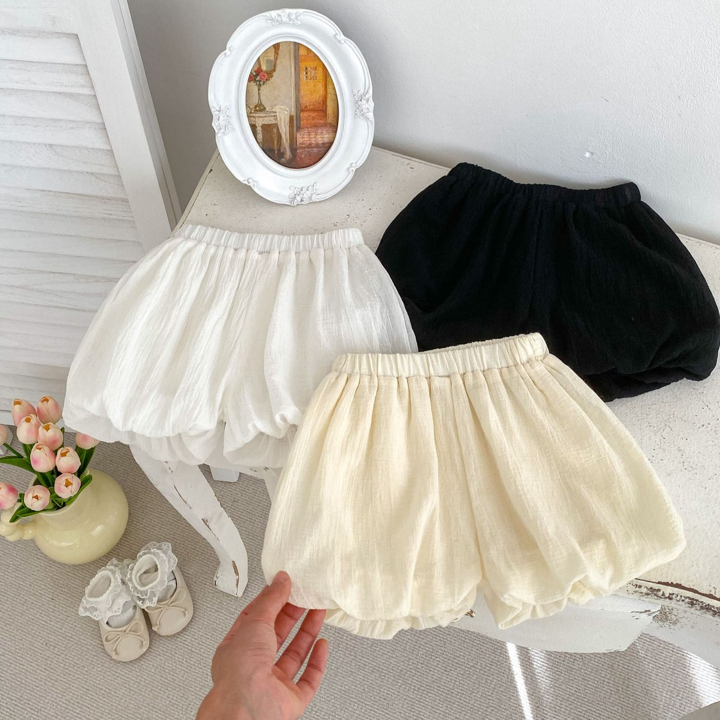 Ins Summer Thin Pants for Infants and Young Children Pure Color Baby Versatile Flower Bud Bloomers Casual Simple Shorts
