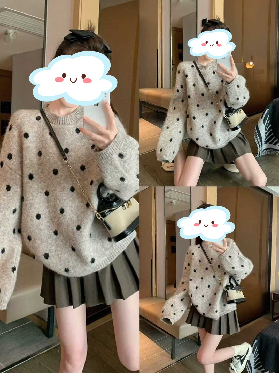 Autumn and winter new Korean lazy style pullover crew neck sweater women's loose and versatile polka dot literary knitted top to wear outside