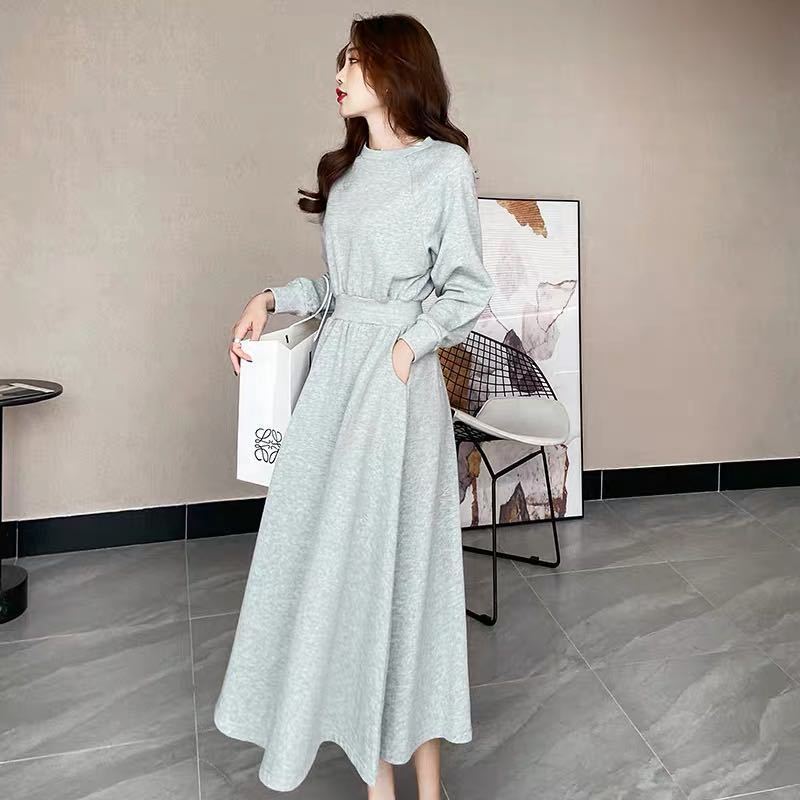 Autumn and Winter New Korean-style Long-sleeved Retro Draping Loose Slimming Large Swing Tight Waist Long Sweater Dress Women's Fashion
