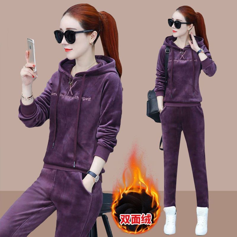 416# thickened fleece-lined gold velvet leisure sports suit women's autumn and winter New loose hooded sweater two-piece set
