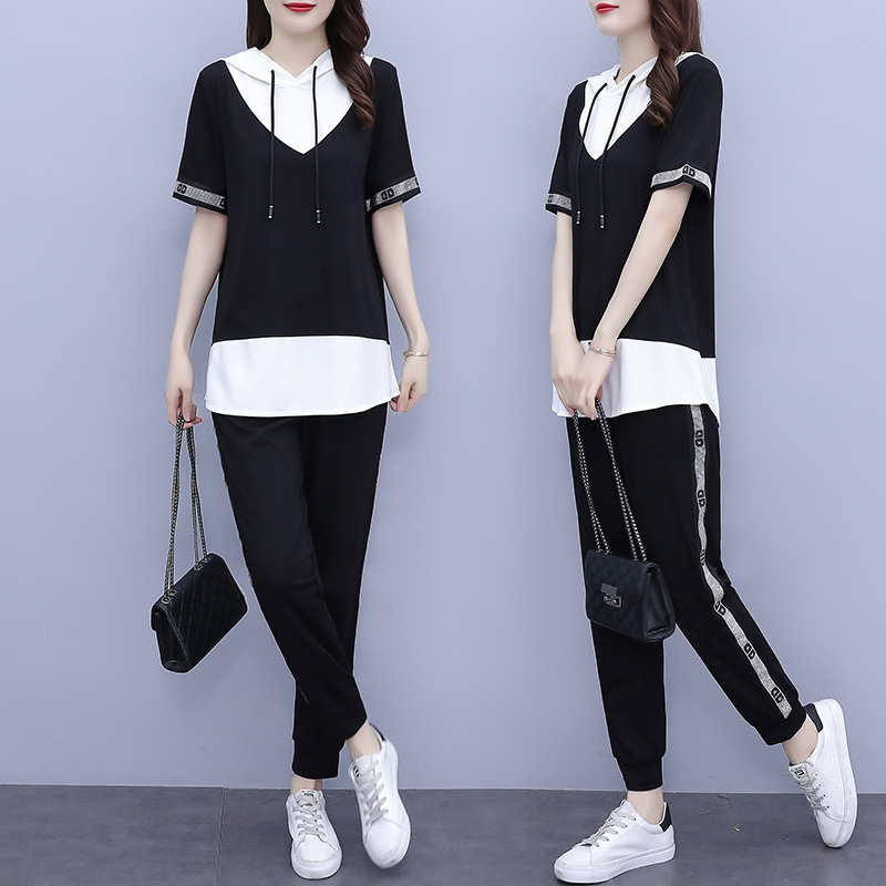 Summer Dress Women's Plus Size Chubby Girl's Flesh Covering Body-Slimming Age-Reducing Wear Casual Fashionable Two-Piece Fashionable Suit