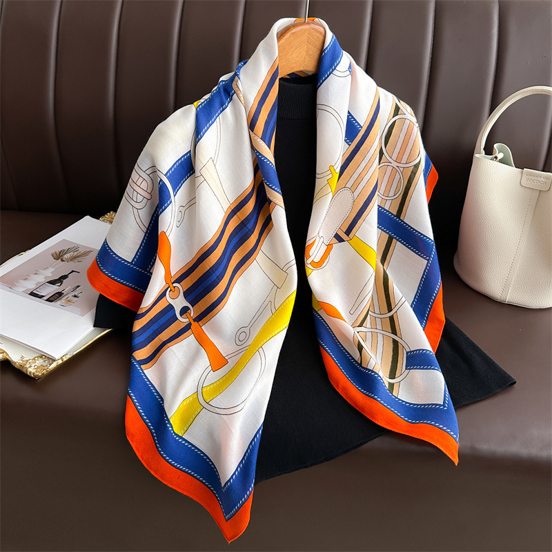 Foreign Trade Fashion 90 Large Square Scarf Chain Silk All-match Herringbone Pattern Shawl Scarf Retro Printed Headscarf Scarf