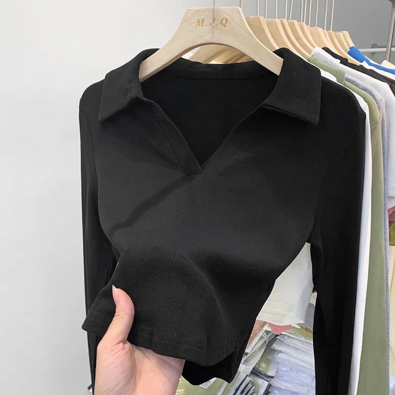 Polo Shirt Design Niche V-neck Collarbone Long Sleeve T-shirt Women's Autumn New Top Slim-fit Solid Color Base