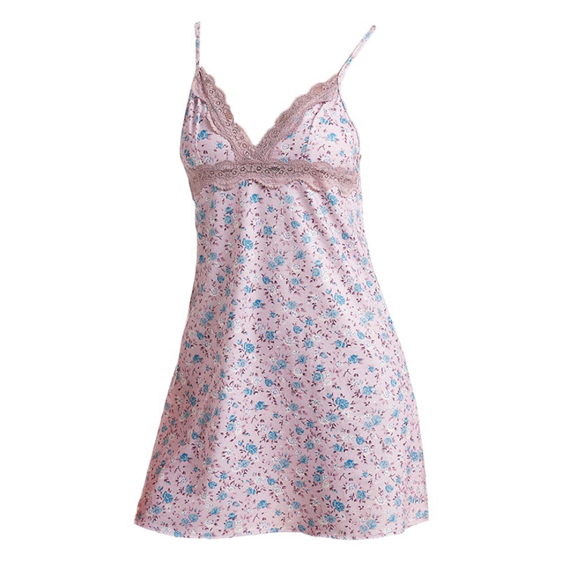 Knitted Cotton Printed Cross-border Pajamas Women's Foreign Trade Sling European and American Nightgown Home Clothes Lace Sexy Lace Nightgown Women