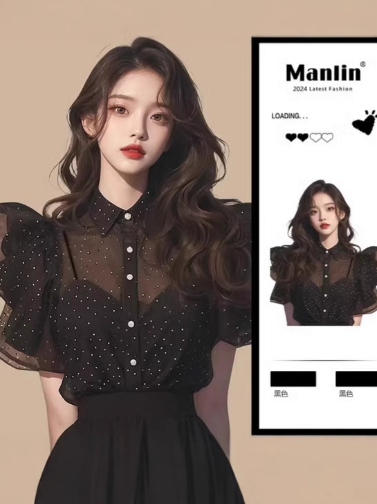 This year's popular beautiful small shirt shirt top light ripe French niche black wave dot chiffon shirt women's summer