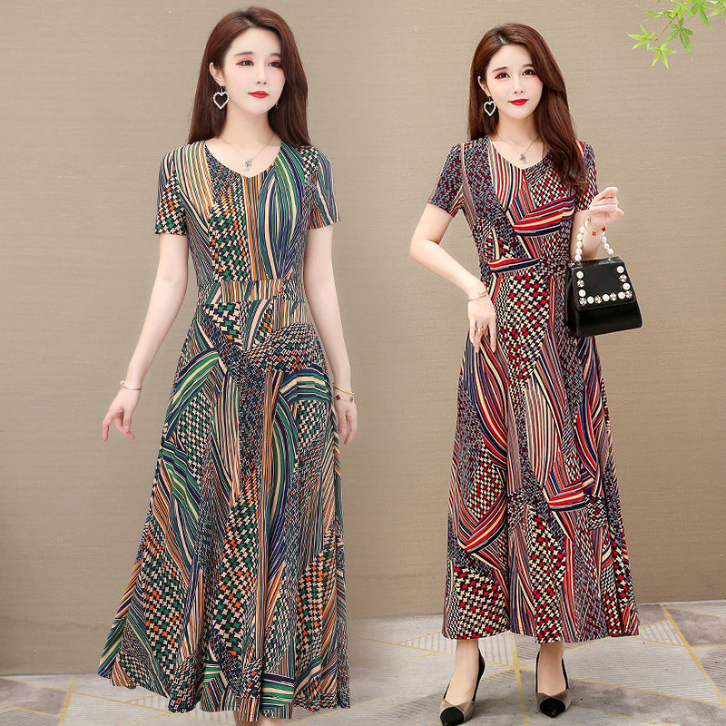 plus size Printed dress Women's 2024 Summer Mother's Loose Long Fashionable Large Swing Dress Elegant Over-the-Knee Dress