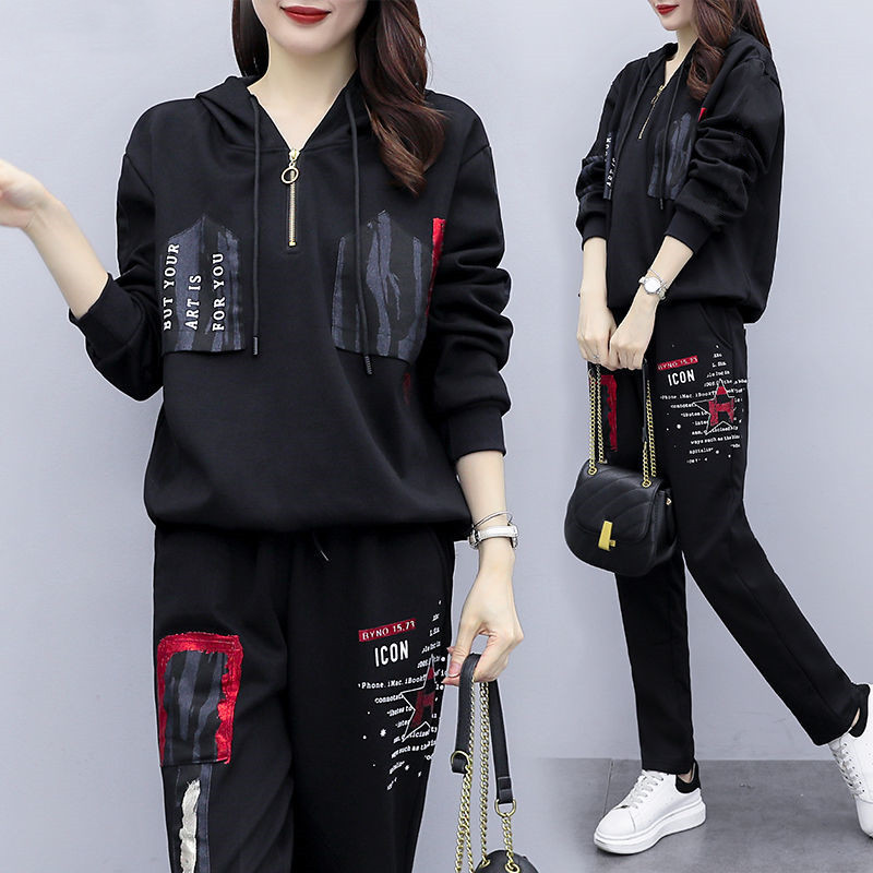 Autumn and Winter Korean Style Western Style Niche Printed Casual Sportswear Suit Women's Large Size Loose Hooded Sweater Two-piece Fashionable Suit
