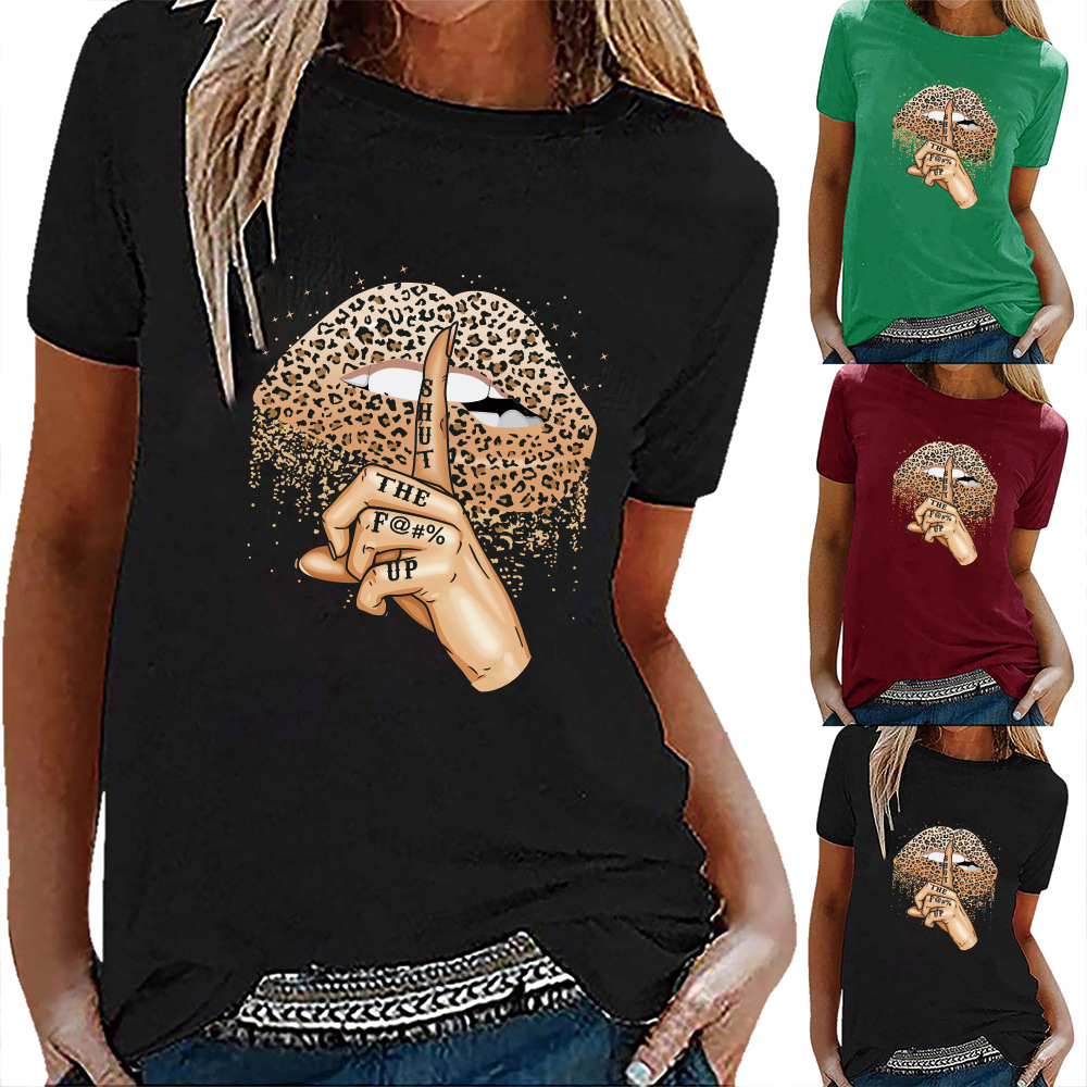 AliExpress cross border summer fashion shirt lip leopard graphic T-shirt women kiss leopard lip funny ladies T-shirt