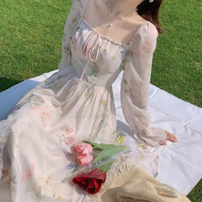 Beautiful long sleeve chiffon dress spring and summer new fairy Super fairy Mori gentle style tea break French first love dress