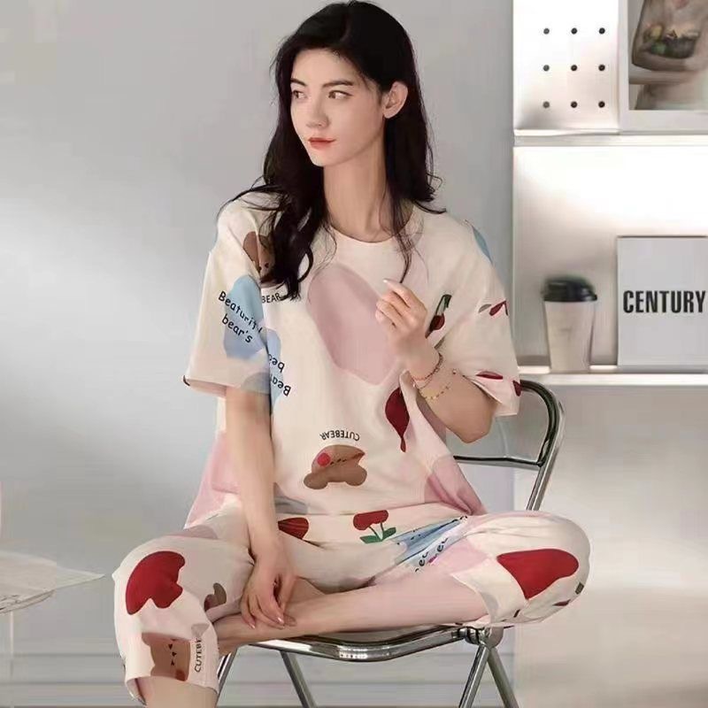 Picture of Pajamas Women's Summer Short-sleeved Cropped Pants Pullover Round Neck Printed Women's Spring and Autumn Plus Size Wide Home Clothes suit
