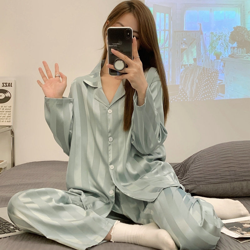 Live pajamas women's spring and autumn ice silk long-sleeved home wear artificial silk Korean style striped high-grade trousers suit
