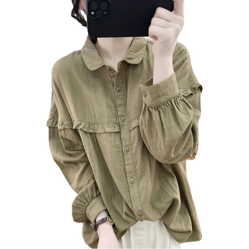 Solid Color Retro Ruffled Shirt Women's Early Spring 2024 New plus size chubby girl Lantern Sleeve Cotton Linen Long Sleeve Thin Top