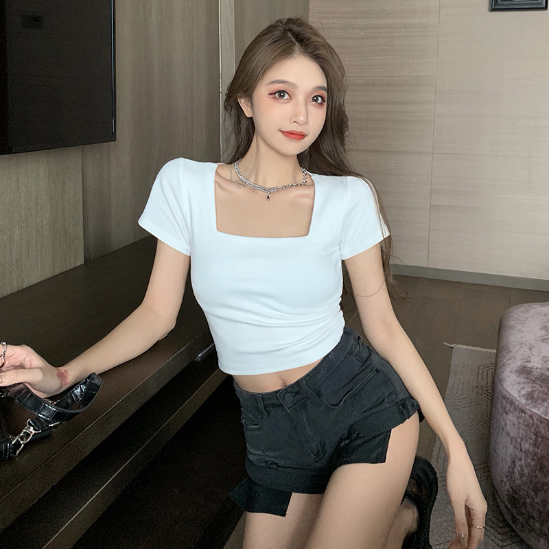 T-shirt women's 2024 tight inner square collar short-sleeved T-shirt high waist short off-waist outer wear bottoming shirt top women's fashion