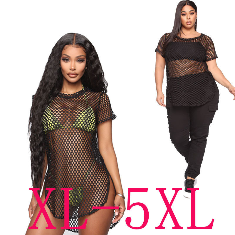 2021 Summer New European and American Plus Size Women's Clothing Amazon Sexy Mesh Hollow See-Through Loose Cover Dress