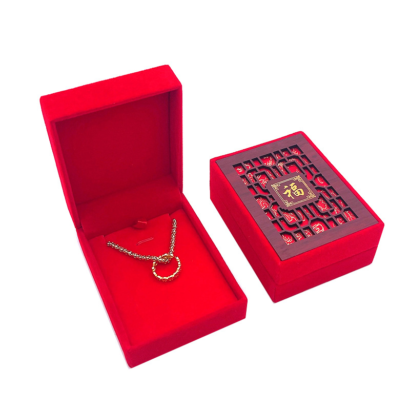 Large pendant box wood carving fu character hollow jewelry box text play jewelry box pendant box earring box necklace packaging box