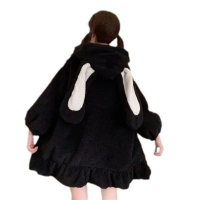Picture of Winter soft girl cute fur ball rabbit ears hooded lotus leaf Border lamb wool thickened cotton-padded coat for students Female