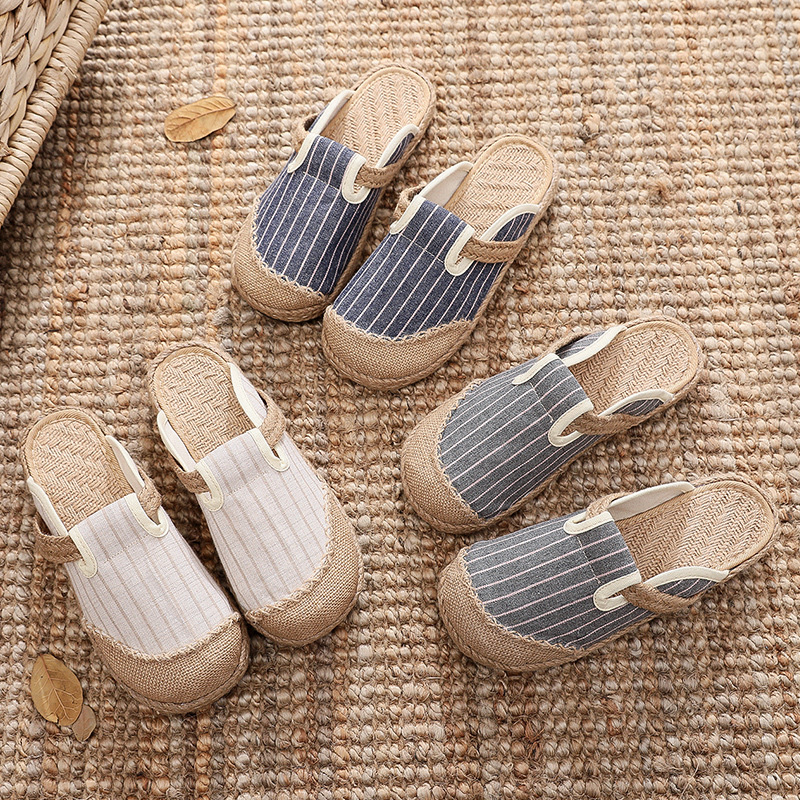 Picture of 2025 new vertical strip home cotton and linen embroidered shoes women's non-slip tpr soft bottom slippers handmade big toe shoes