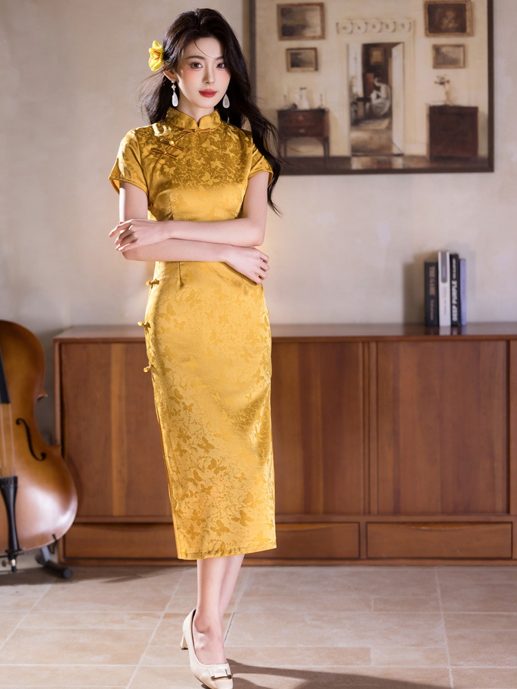 Beizhiyun Zihuo Golden Dawn New Chinese Style Satin Improved Cheongsam Women's Spring Hollow Jacquard Petite Dress