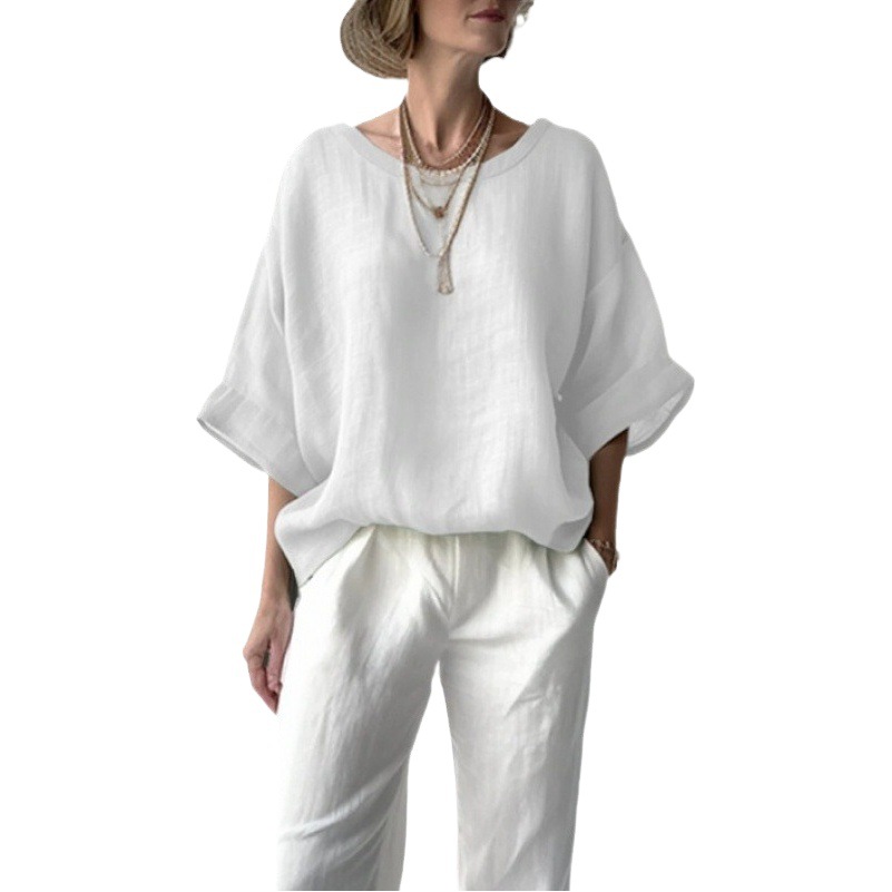 Spot 2025 Summer New Product Pure Color Comfortable Casual Round Neck Cotton and Linen Off-Shoulder Loose Slimming Look Women's Large Size Shirt