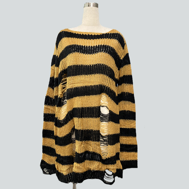 Picture of Mohair New European and American Export Loose Stripesd Knitwear Women's Mid-Length Pullover Hole Thin Cross-Border Knitwear