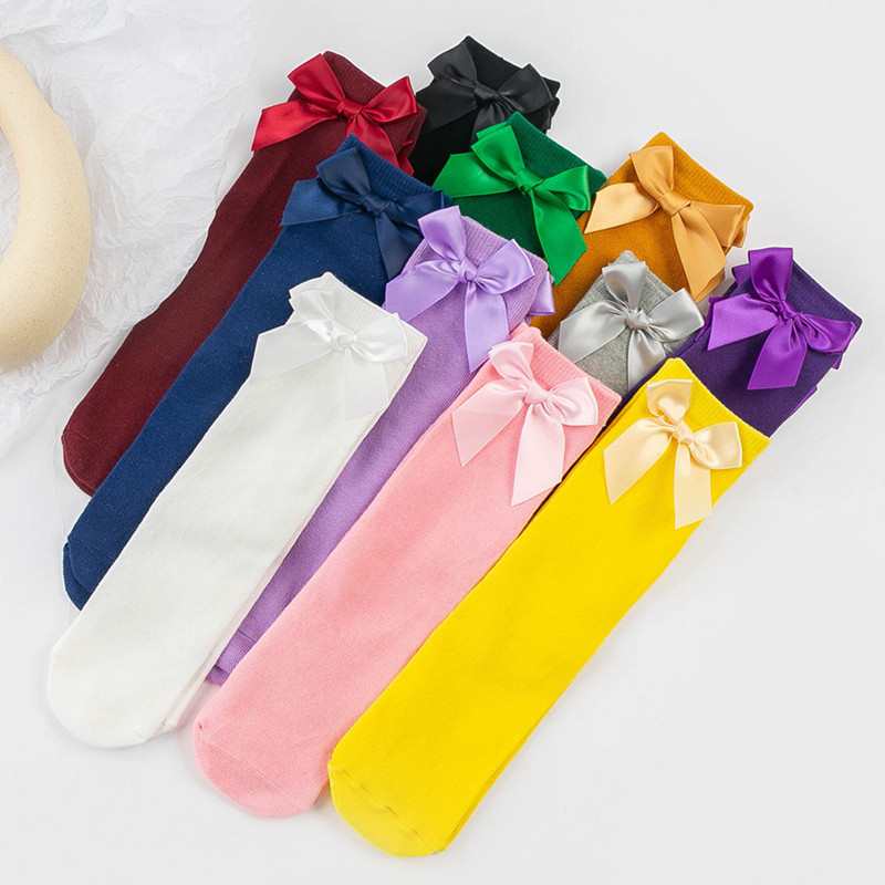 Picture of Children's Mid-Calf Socks, Solid Color Bowknot, Suitable for Both Small and Large Children, Slouch Socks That Can Be Worn Front or Back, Straight Tube, No Heel Socks for Girls